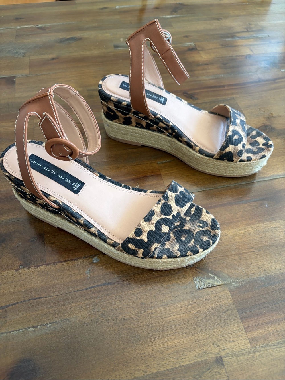 Leopard Print Espadrille Wedge Sandals with Brown Ankle Strap